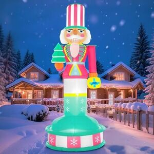 1Giant Christmas Inflatable Pink Nutcracker Decoration Outdoor Soldier w Tree